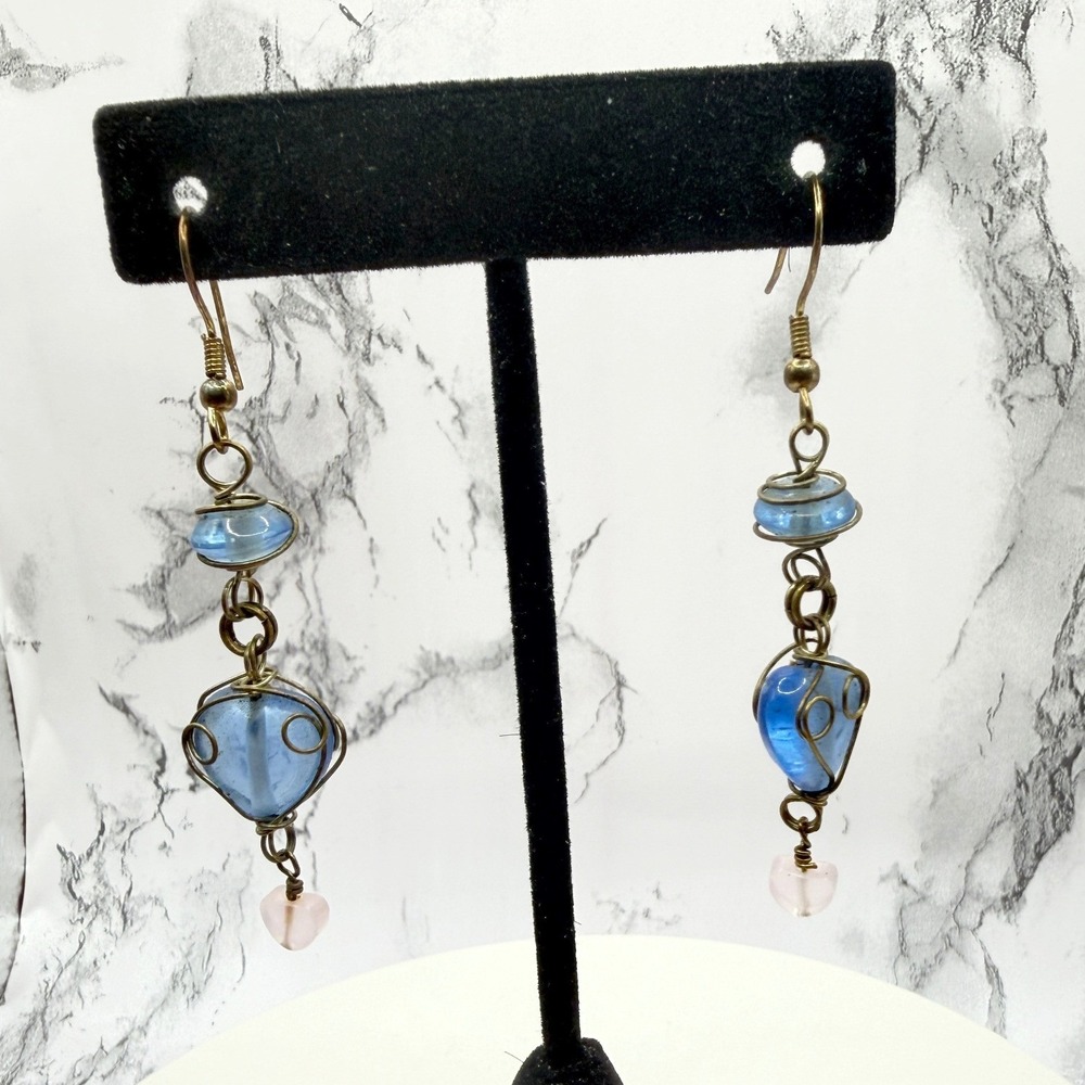 Blue Glass Heart Wire Wrapped Dangle Earrings Pink Drop‎ Artisan Style